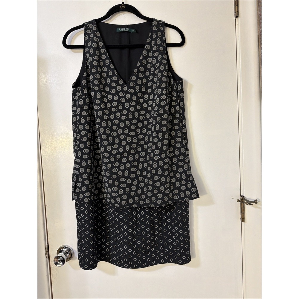 Ralph Lauren Sleeveless Dress Sz 10P Black White Mix Print Shift  Sleeveless